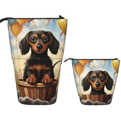 SDTYKHJ 立ち筆箱 ポップアップ ペンケース ダックスフント 熱気球 伸縮式鉛筆ポーチ かわいい ペンホルダー 大容量 メイクバッグ 携帯メイクポーチ コスメバッグ 旅行トイレタリーバッグ