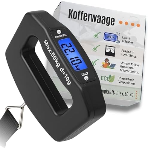 Digitale Kofferwaage mit praktischem Haltegurt – bis 50 kg mit großem Display & Tara-Fkt., inkl. 2 × AAA-Batterien für lange Laufzeit – Unterstützt Solarprojekte in Afrika - Reise Gadget