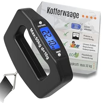 Digitale Kofferwaage mit praktischem Haltegurt – bis 50 kg mit großem Display & Tara-Fkt., inkl. 2 × AAA-Batterien für lange Laufzeit – Unterstützt Solarprojekte in Afrika - Reise Gadget