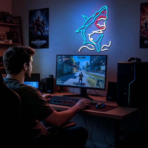 Image of Sharks Neon Sign for Wall Decor, LED Dimmable Signs Gifts for Boys Men Cave Game Room Decor, Birthday Party Decoration Gift