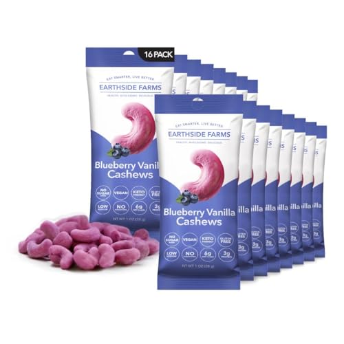Image of Earthside Farms Blueberry Vanilla Cashews Snack Packs, 16 Count, 1oz Single Serve, No Added Sugar, Keto, Vegan, Gluten Free. Candied Nuts Candied Cashews