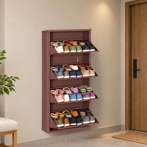Image of DELITE KOM AIRO 24 inch 8 Shelf Double Decker Metal Shoe Rack Wall Mount for Home with Lock | Air-Vent Panels Keep Shoes Odour-Free | 24 Shoes /40 Slippers | 1Yr Warranty | 54x24x8 Coffee | DIY