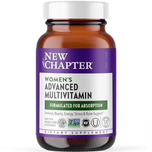 Image of New Chapter Women's Multivitamin Advanced Formula for Stress, Bone, Immune, Beauty & Energy Support, Higher Levels of Whole-Food Fermented Essential Nutrients for Women + Iron + Vitamin D3, 120 Count