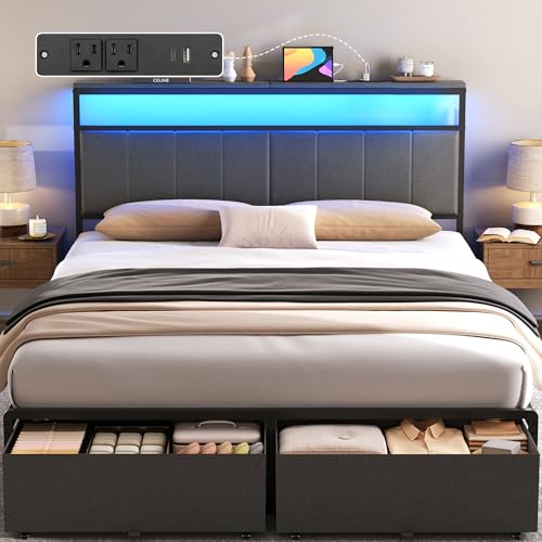UHTN Queen Bed Frame with 2 Storage Drawers, Grey Upholstered