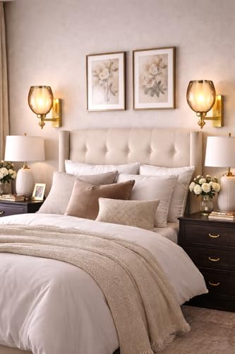 Image of Premium Gold Finish Elegant Amber Glass Shade Wall Light for Bedroom, Living Room, Restaurants, Dining, Coffee Shop, Home and Office Decorative Wall Sconce Light Fixture (Without Bulb)