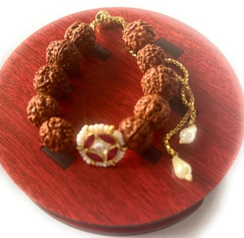 Image of Rakhi loomba Rudraksha Beads Bracelet with Pearl-Studded Red Pachi Kundan Charm, Gold plated Chain and Pearl Drops