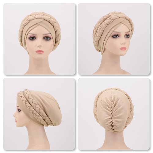 Image of DRESHOW African Women Turban Caps Cotton Beanie Twist Headscarf Pre-Tied Double Twisted Braids Wrap Hat Chemo Cancer Cap