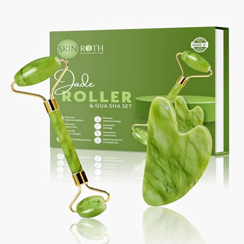 Image of Grade A+ Natural Jade Roller & Gua Sha Set - 100% Certified Jade Stone Tool, Cooling PVC Box, Reduce Puffiness, Sculpt Jawline, Lymphatic Drainage