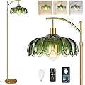QIYIZM Gold Floor Lamp for Living Room,Bedroom,Mid Century Modern Standing Lamp with Remote,Dimmable Brass Tall Lamp Green Glass Lamp Vintage Retro Arc Floor Lamps Flower Floor Light Boho Bohemian