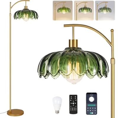 ILLMTW Gold Floor Lamp for Living Room,Bedroom,Mid Century Modern Standing Lamp with Remote,Dimmable Brass Tall Lamp Vintage Retro Green Glass Lamp Arc Floor Lamps Flower Floor Light Boho Bohemian