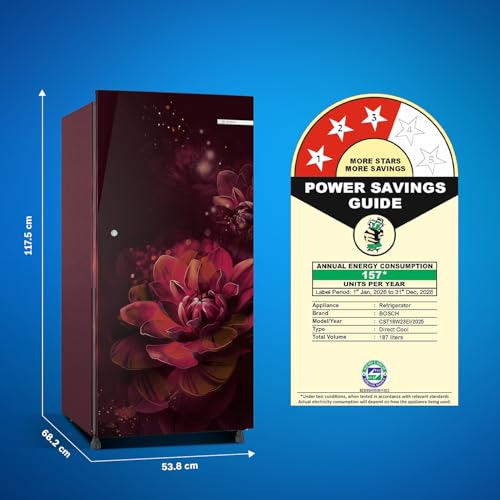 Image of Bosch 187 L,3 star,Smart Inverter, Direct-Cool Single Door Refrigerator|18 Hrs Cooling Retention|Largest Vegetable Box|Extra Beverage Space |2.5x Faster Cooling (2026 Model,Wine flower,CST18W23EI)