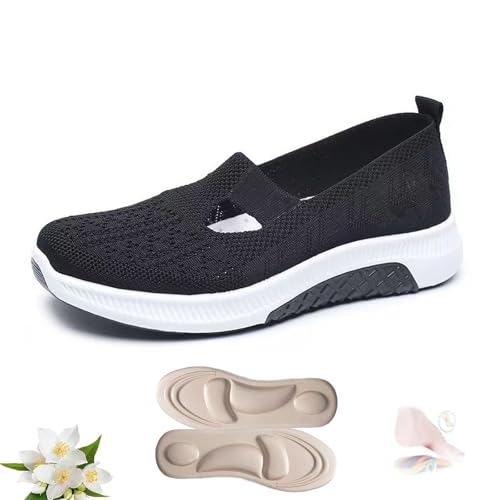 Zapatos planos antideslizantes con parte inferior suave, zapatos ortopédicos para mujer, zapatos cómodos para caminar, correr, trotar, Black, 38.5 EU