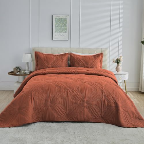 Image of Kingnex Oversized King Bedspreads 128x120 Ultrasonic Quilted Baked Clay | Extra Wide Coverlet for Tall Split King Adjustable Bed or Cal King Size, 3 Piece Include 1 Quilt, 2 King Size Pillowcases