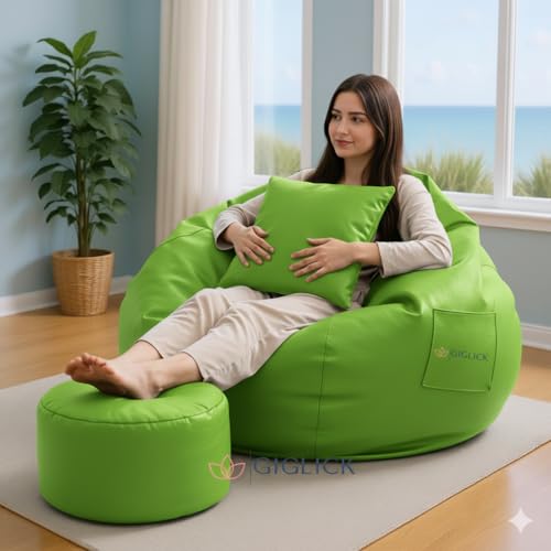 Image of 4XL Bean Bag Cover with Foot Stool & Cushion Cover | Premium PVC Leatherette | Double Stitched | 6 Months Warranty (Beans Required) Color-(Green)