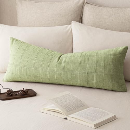 Image of Foindtower Set of 1 Decorative Linen Check Throw Pillow Cover Neutral Long Body Lumbar Cushion Cover Farmhouse Vintage Boho Home Decor for Sofa Chair Couch Bedroom Living Room,14x36 Inch,Light Green
