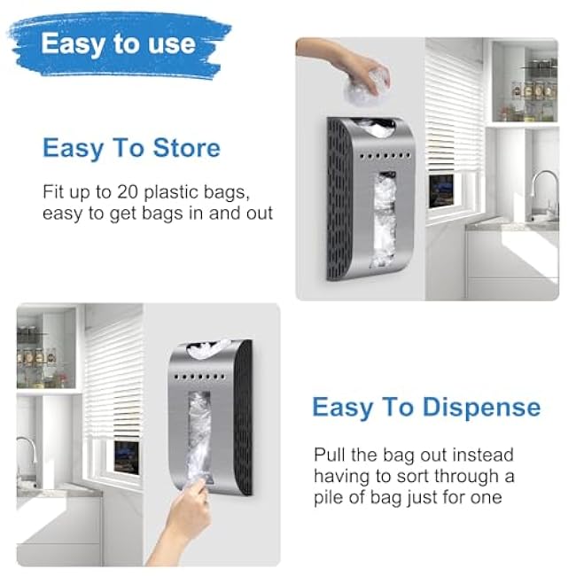 Grocery Bag Holder Wall Mount Plastic Bag Dispenser Space Saving Brushed Silver Garbage Bag Holder for Cabinet, Cupboard, Pantry, Anti-Fingerprints Design