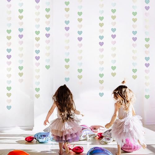 Image of Iridescent Disco-Holographic Party-Decorations Heart Streamers-Garland - 52ft Glitter Dance Hanging Paper Banner, Wedding Bachelorette Birthday Euphoria Galentines Decor Hugfond