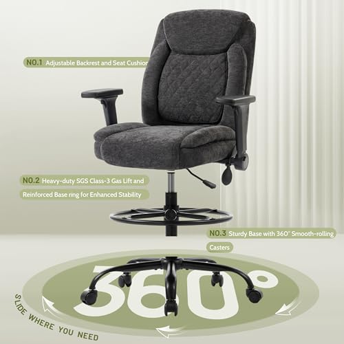 Image of Drafting Chair,Executive Tall Office Chair Flip-up Armrests for Counter Height Desk Drawing Use,High Task Chair with Adjustable Foot Ring &Inflatable Lumbar Support,Swivel Computer Stool, Fabric Black