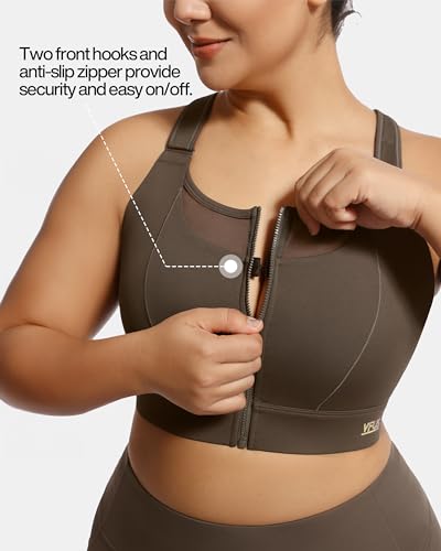 Image of Adjustable High Impact Sports Bra Zip Front Sexy Mesh Racerback Workout No Bounce Compression Bras for Women Plus Size