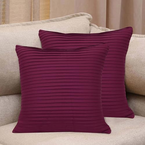Image of HOME COLORS.IN Cotton Plain Double Side Pleated Cushion Cover - Set of 2-18 x 18 Inch - Purple