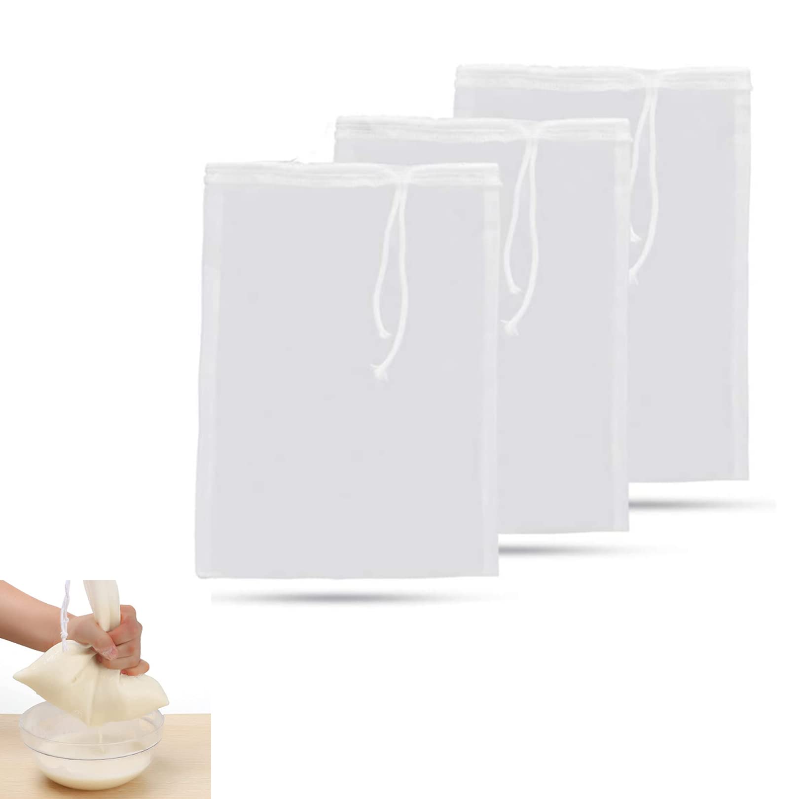 3pcs Fine Mesh Straining Bags,Reusable Micron Fine Mesh Filter Bags with Rope,Cold Brew Coffee Cheese Cloths Strainer,Washable Strainer Bag for Home Brewing Hops Grains Fruit Cider Grape Wine