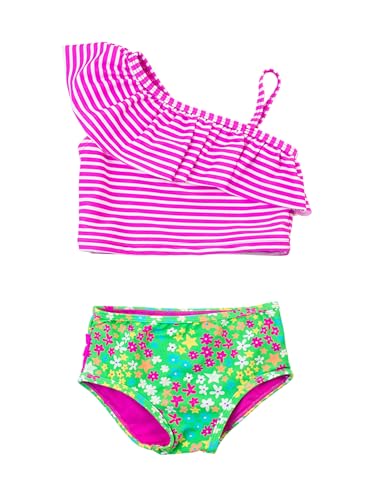 Image of RuffleButts Girls UPF50+ Sun Protection One Shoulder Ruffle Tankini Two Piece Swimsuit