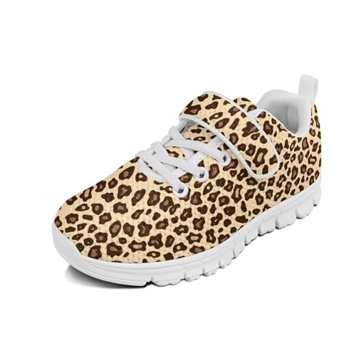 Kids Sneakers for Boys Girls Running Tennis Shoes Lightweight Breathable Sport Athletic Leopard Pattern（White Sole）