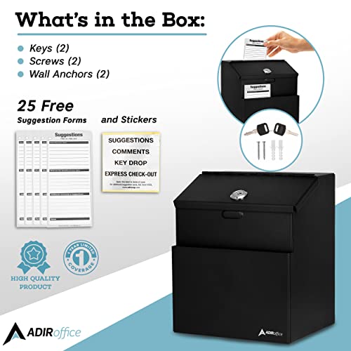 Image of Adir Wall Mountable Steel Suggestion Box, Lock-Key Drop Box, 25 Free Suggestion Cards, Black (631)