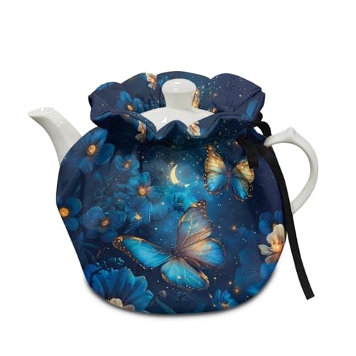 Generic Blue Butterfly Pattern Tea Cozy for Teapot Tea Kettle Decorative Cover Insulated Dust Bag Drawstring Tea Kettle Covers Teacup Covers Insulated Drop-Proof Shock-Proof Decoration