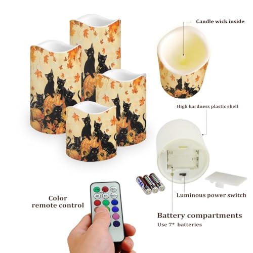 Image of Fall Maple Black Cat Flickering Flameless Candles with Remote LED Pillar Candles Battery Operated with Timer Color Changing Electric Candles for Thanksgiving Day Home Kitchen Decor