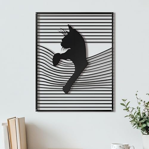 LIYAOLI Décoration murale 3D en forme de chat noir, sculptures murales en métal à suspendre minimaliste, abstraite, ligne de chat mignon, décoration murale pour chambre à coucher, salon, cuisine