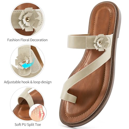 Flat Sandals for Women Dressy: Comfortable Summer Beach Sandal Adjustable Hook loop Slip on Toe Ring Walking Shoes for Travel Office3