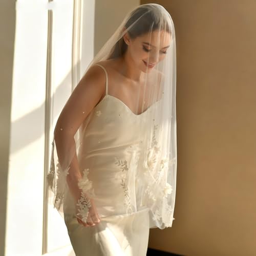 Velo de novia cómodo y transpirable con perlas de encaje 3