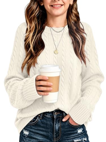 Image of Girls Sweaters Winter Tops Kids School Picture Teen Fashion Long Sleeve Crew Neck Cable Knit Casual Fall Cozy Pullover