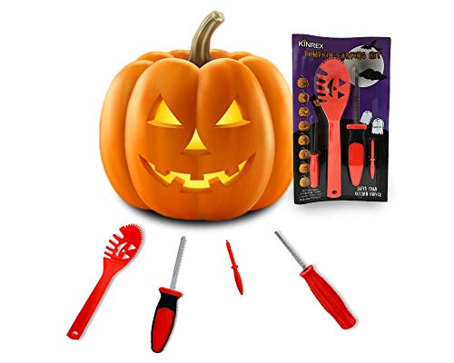 Flash Deals - 70% OFF KINREX Pumpkin Carving Kit Tools - Jack-O-Lantern Halloween Decorations - Professional Pumpkin Cutting Supplies - 4 Sculpting Carving Tools - 8 Halloween Stencils - Orange