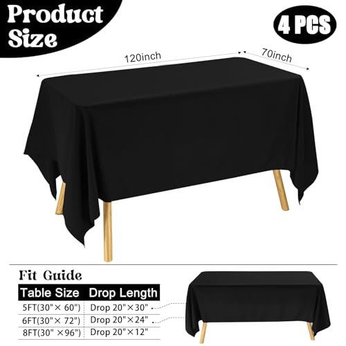 Image of 4 Pack Rectangle Tablecloth for 6 Foot Tables Washable Polyester Table Cover for Wedding Dining Table Parties Banquet(70x120 Black)
