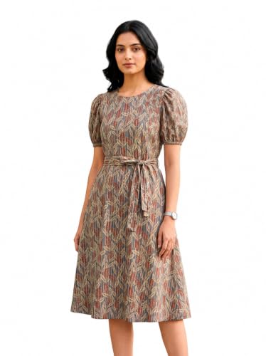 Image of HELLCAT Women Floral Fit & Flare Midi Dress | Round Neck, Puff Short Sleeve, Waist Tie-Up Belt | Casual Brunch Wear, Western One Piece, A-Line Long Frock, Summer Party Outfit