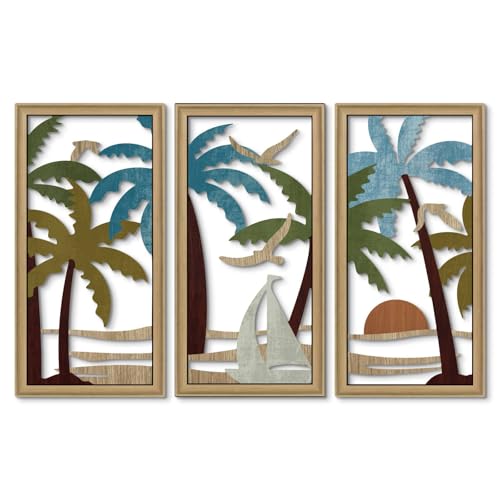 Putuo Decor Palm Tree Wall Decor Set of 3 Coastal Wall Decor Boho Wall Art Beach Themed Wooden Wall Plaque for Living Room Bedroom Bathroom
