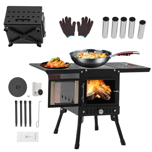 Klappbarer Camping Holzofen Zeltofen Outdoor-Küchenofen mit Schornstein Camping Feuerstelle Terrassenofen Tragbarer Outdoor Kocher Ofen Herd Heizung für Wandern/BBQ/Garten 36-56cm Höhenverstellung