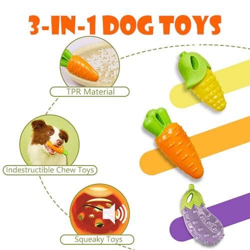 Unzerstörbares Kauspielzeug für aggressive Kauer, quietschendes Zahnspielzeug für mittelgroße und große Hunde, Gummi-Karotte, Mais, Aubergine, 3 Stück