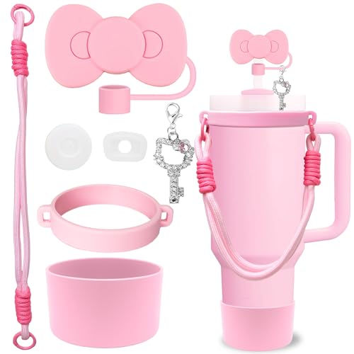 7 Pieces Pink Cup Accessories Set for Stanley Cup 30oz 40oz tumbler with handle Including Water Bottle Handle Strap Stanley Cup Boot Siliocne Bow Straw Cover Shiny Cat Charms