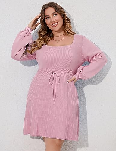 Image of Women's Plus Size Casual Sweater Dress Square Neck Long Lantern Sleeve Tie Waist Loose Pullover Sweater Dresses