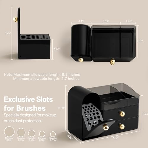 Image of HBlife Makeup Organizer Countertop with Drawers, Cologne Organizer for Men, Vanity Organizers with Brush Holder, Bathroom Countertop Organizer Skin Care Storage, Gift for Dad Husband, Black and Gold