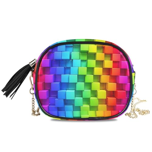 Image of ALAZA Women's Rainbow of Colorful Boxes Cross Body Bag Chain Shoulder Handbag Purse with Tassel