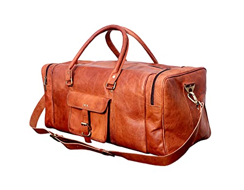 SKADO 24 Inch Leather Duffel Bags For Men & Women Holdall Leather Duffle Travel Overnight Bag Gym Sports Brown Weekender Bag, Roll On Laptop Backpack Rucksack Knapsack Office College Bag2