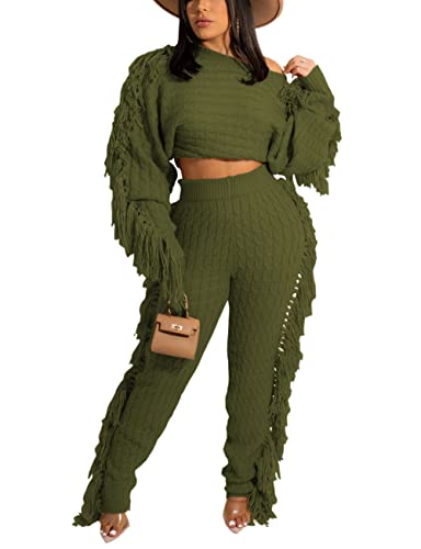 Image of KANSOON 2 Piece Sweater Set for Women Cable Knit Fringe Crop Top and Pants | Cozy feel, ribbed high waist, comfortable stretch fit for birthday and chilly going-out outfits