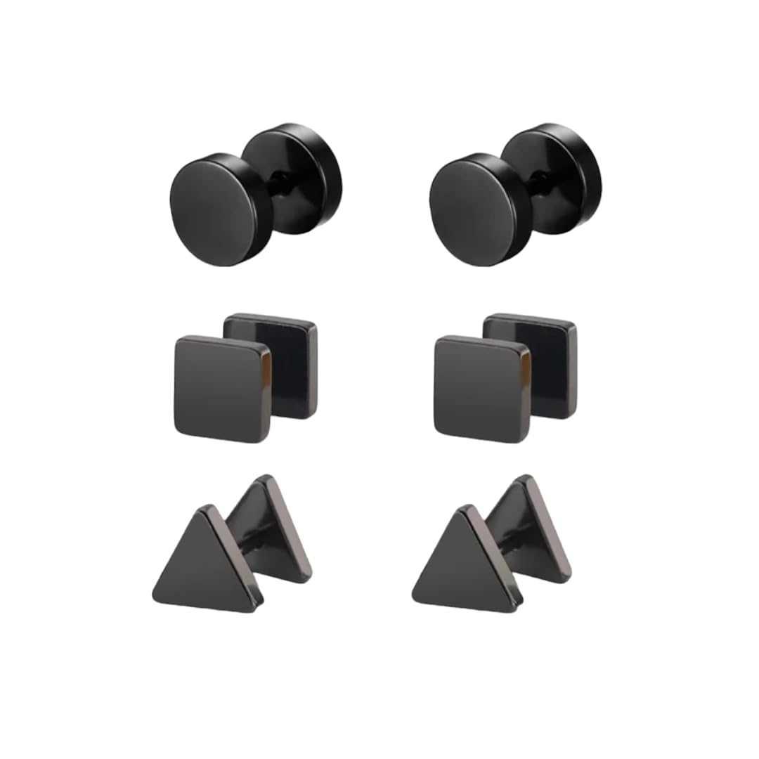 ™ Trendy Black Round Square Triangle Barbell Dumbbell Studs Earrings Screw Back Piercing Stainless Steel Bali Combo For Men Women Boys Girls Unisex (Pack of 3 Sets)-image-30