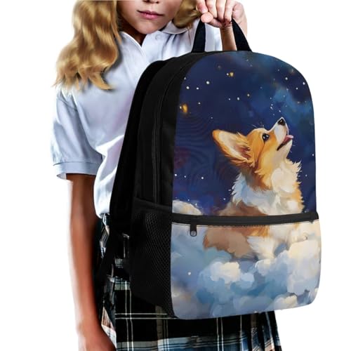 Galaxy Corgi Dog Backpack for Girls Boys Backpack with Lunch Box Soft Pencil Pouch and Key Lanyard 4 PCS Set 17" Bookbag with Front Pocket for School Lightweight School Bag for Kids Elementary2