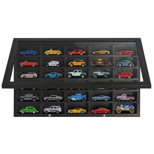 Image of Americanflat 11x18 Toy Car Display Case - Holds up to 30 Cars - Model Car Displays with Removable Shelves and Shatter-Resistant Glass - Wall Mounted Display Cases for Collectibles - Black