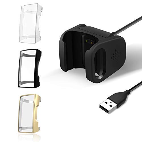 【1+3 Pack】 YiJYi Compatible with Fitbit Charge 3 Charger & Case Screen Protector,1 USB Replacement Charging Cable and 3 Full-Around Protective Cover Shell for Fitbit Charge 3 and Fitbit Charge 3 SE